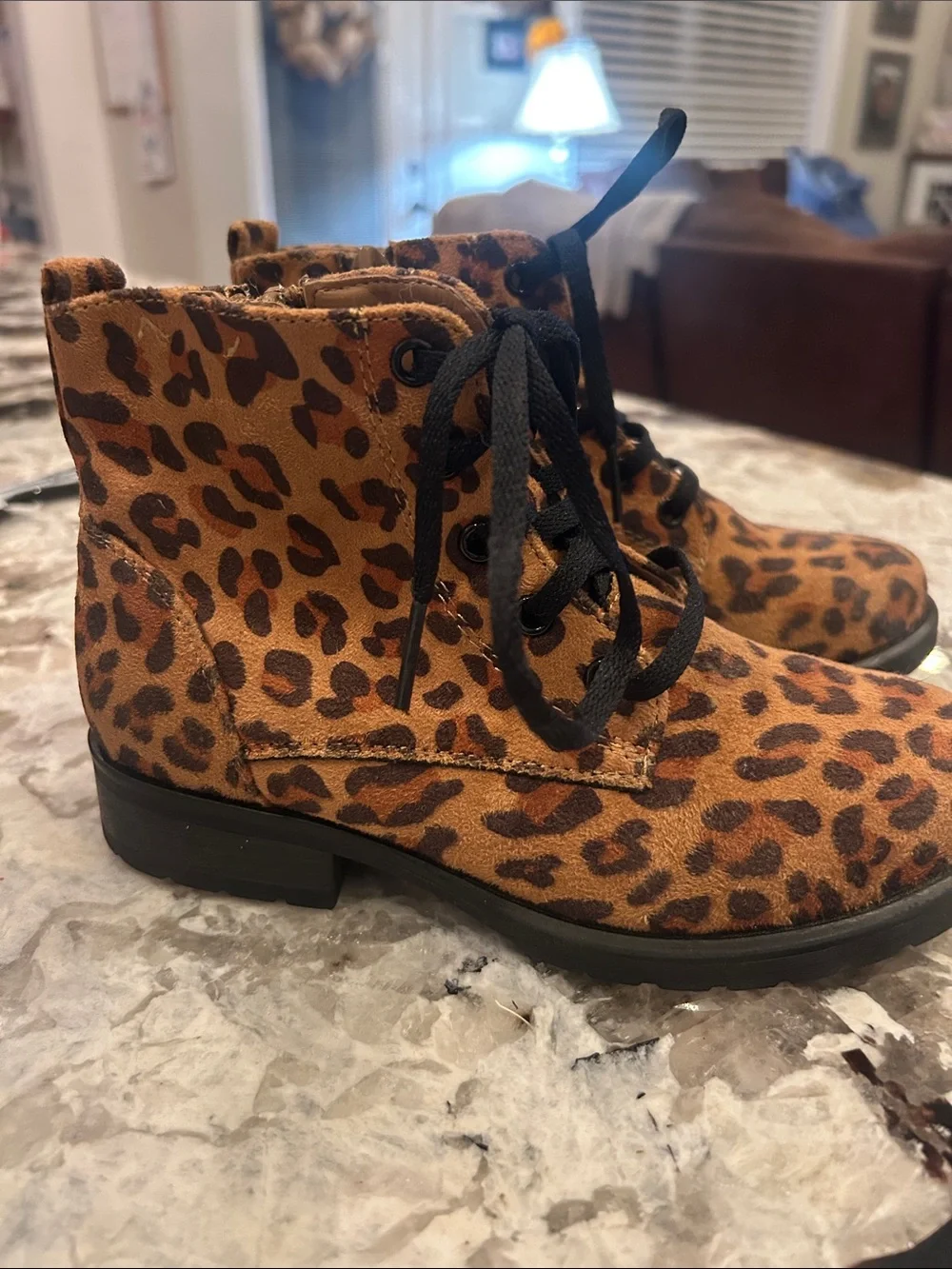 Kids Leopard Print Lace-Up Ankle Boots - Black Laces